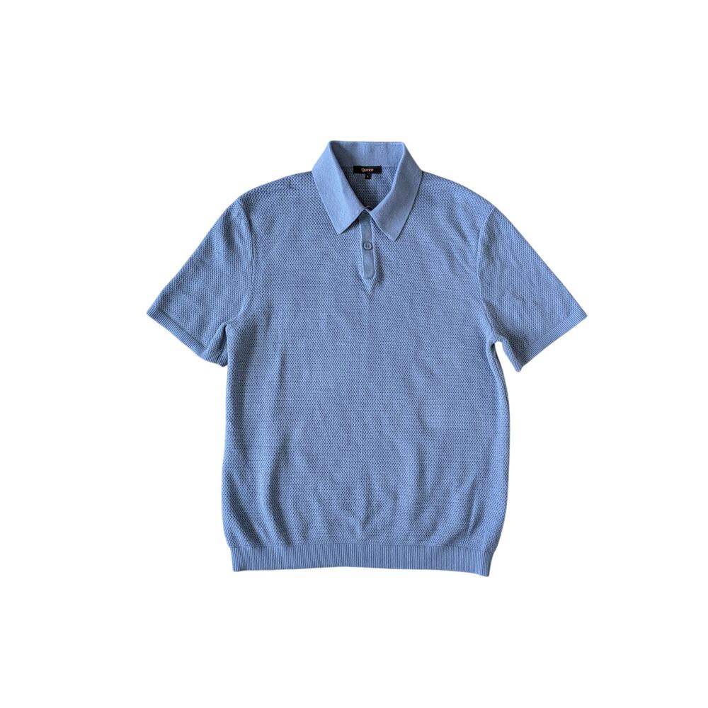 Quince Mesh-Stitch Sweater Polo Mens L Blue Organic Cotton Coastal Preppy Resort